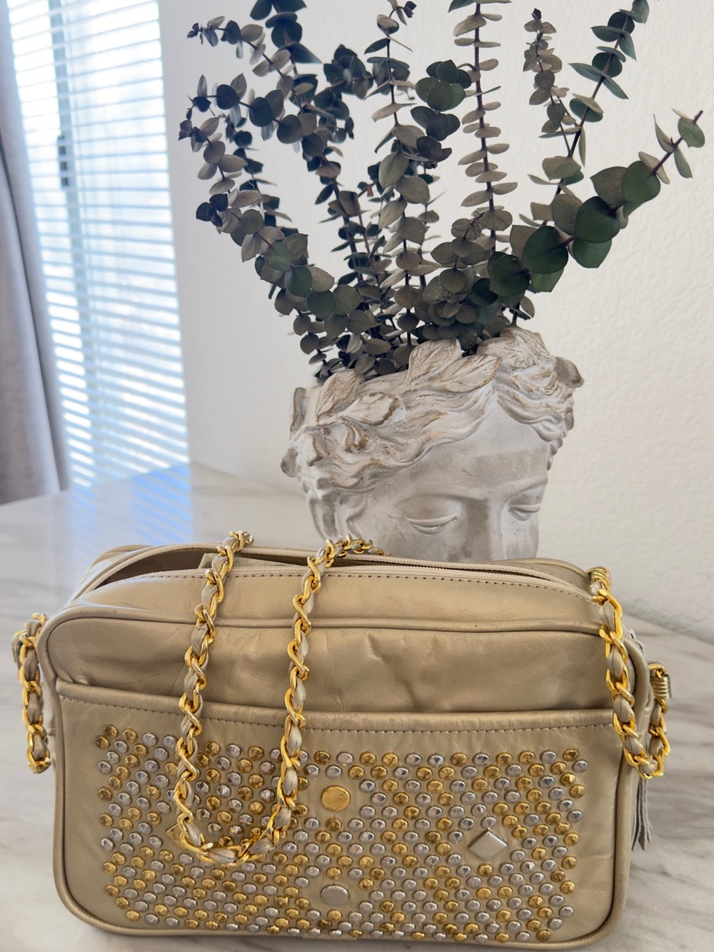 Gold Studded Chain-Handle Shoulder Bag - Cream